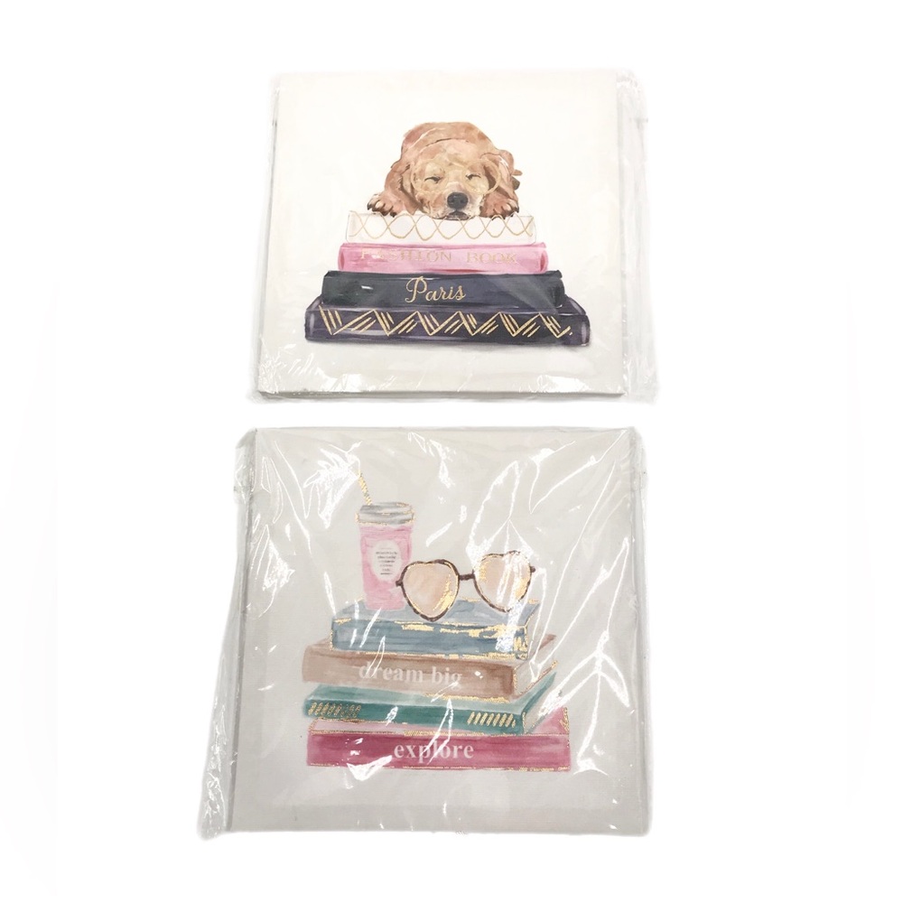 Set of 2 Canvas‎ Wall Art Dog Books Metallic Gold Accent Home Decor 8x8 - NEW